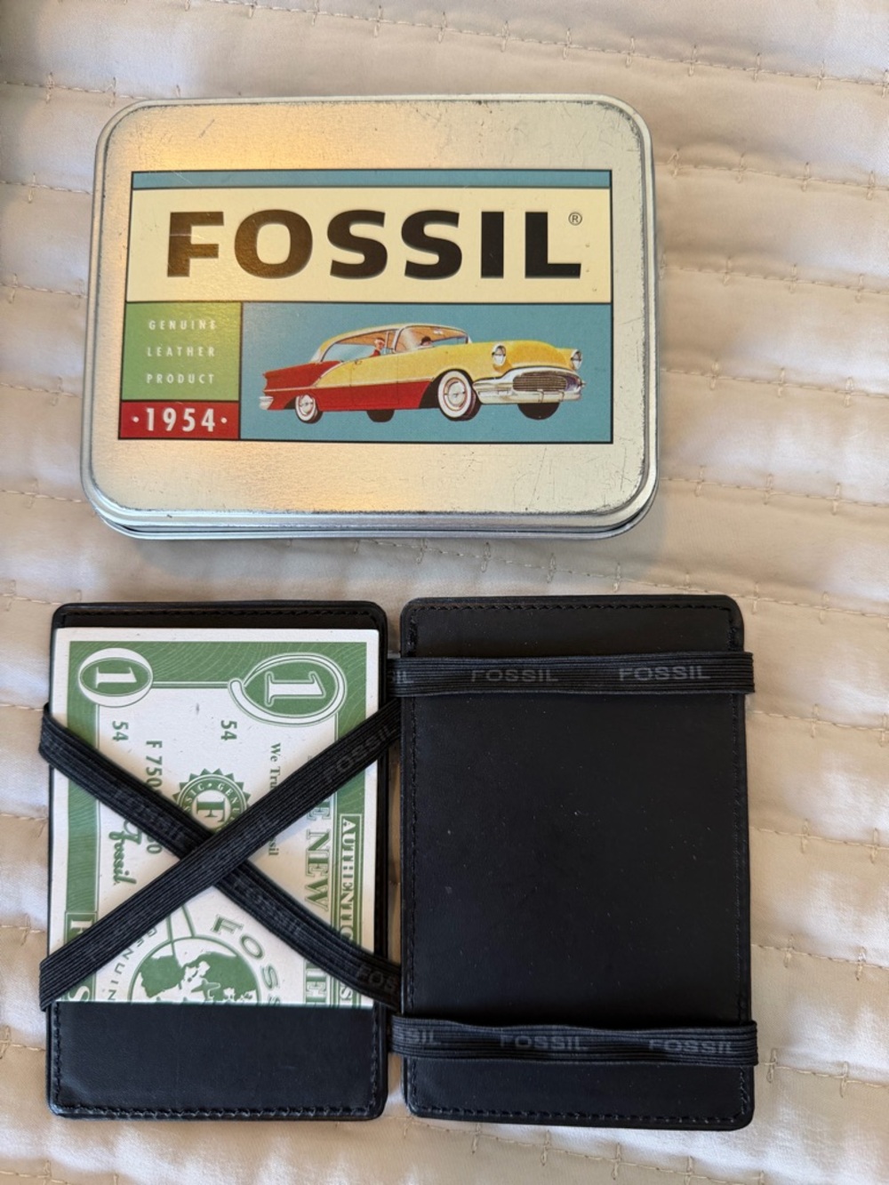 Fossil Black Leather Elastic Money Clip Card Holder